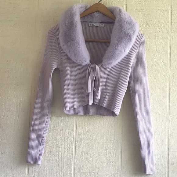 Zara lilac light purple faux fur ribbed cardigan sweater - Picture 2 of 13